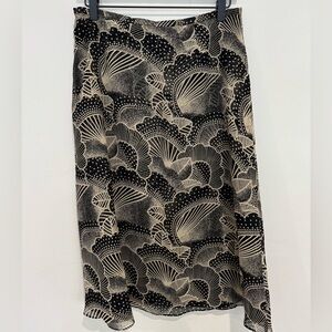 Y2K 100% Silk Midi Slip Skirt Women’s Size 12 Black With Tan Abstract Floral